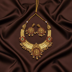 3 Layer Kassu Necklace with Lakshmi Pendant and Flower Side Pendant in Nakshi -NN00644