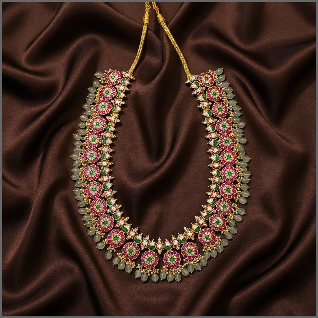 Beautiful Flower and Dew Drops Kundan Haram - KH00300
