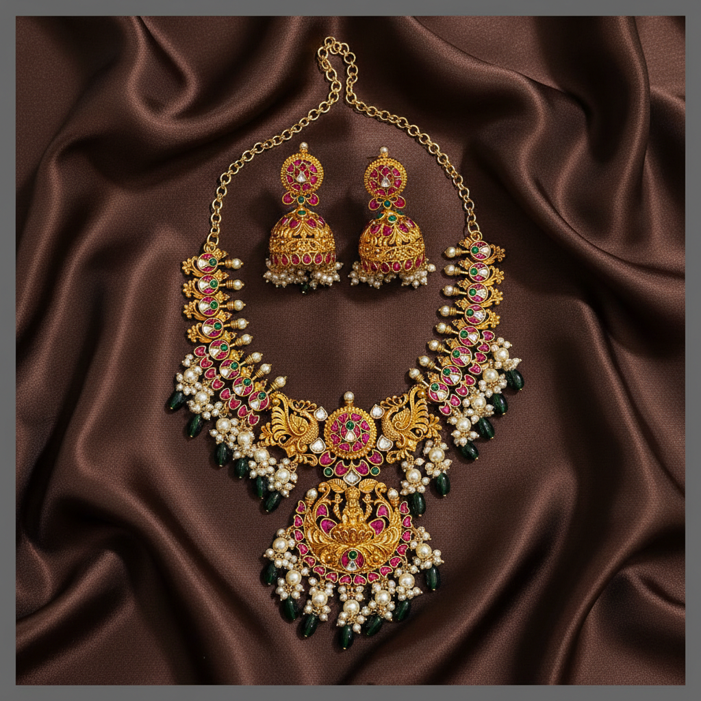 Beautiful Lakshmi pendent with peacock in Kundan Necklace - KN00286