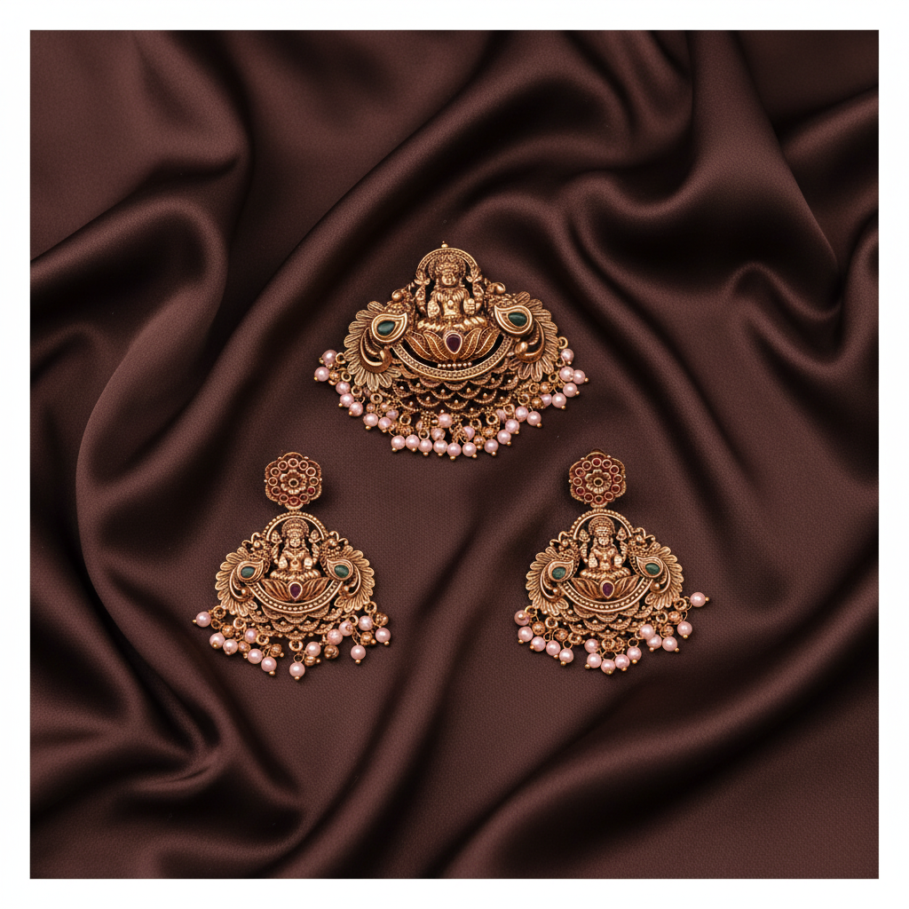 Beautiful Lakshmi Pendant With Earings - NP0099