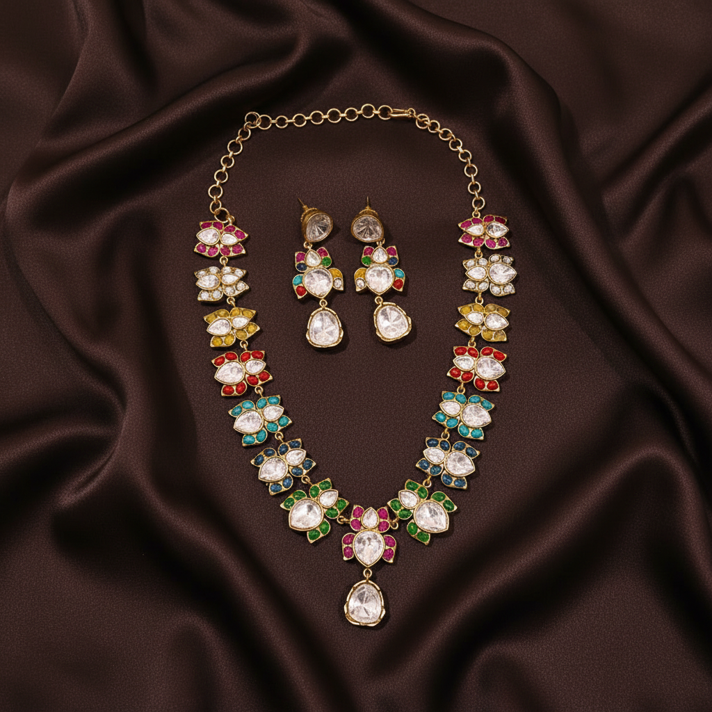 Beautiful Multi Colour Lotus Necklace In Kundan - KN00413