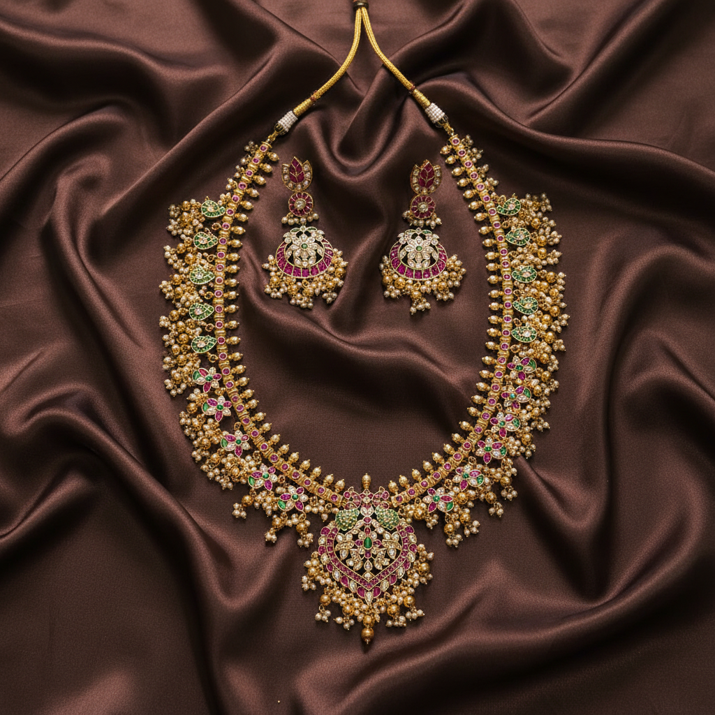 Beautiful Multi Flower Haram with Peacock Pendant in Kundan - KH00315