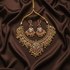 Beautiful Multi Flower with Peacock pendant Neckalce in Kundan -KN00522