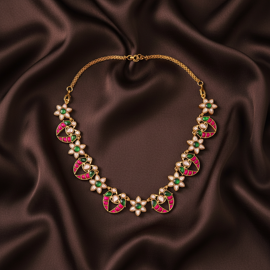 Beautiful Multicolour Flower and Bird Necklace In Kundan - KN00566