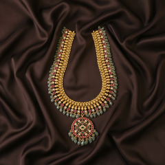 Beautiful Flower Multi Pendant with White and Ruby Stone Haram in Kundan - KH00337