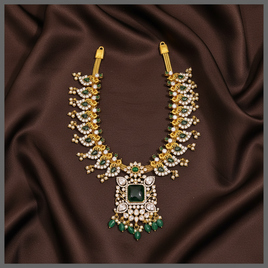 Beautiful Peacock with White and Emerald  Stone Necklace in Kundan - KN00528