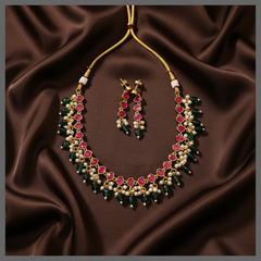 Beautiful Pink with Cream and Green  Pearl Necklace in Kundan - Kn00500
