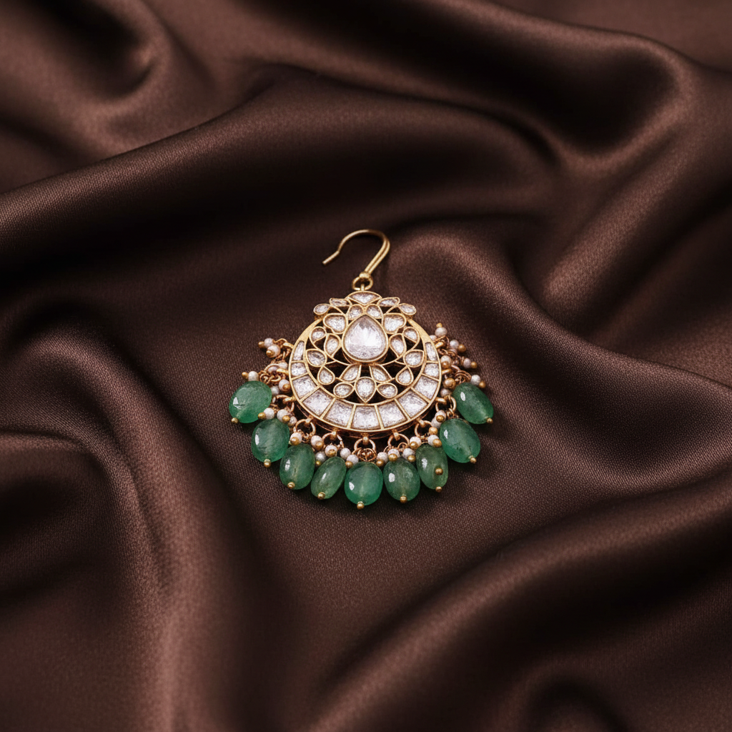 White Jadau Kundan Tika With Green Beads - HA00211