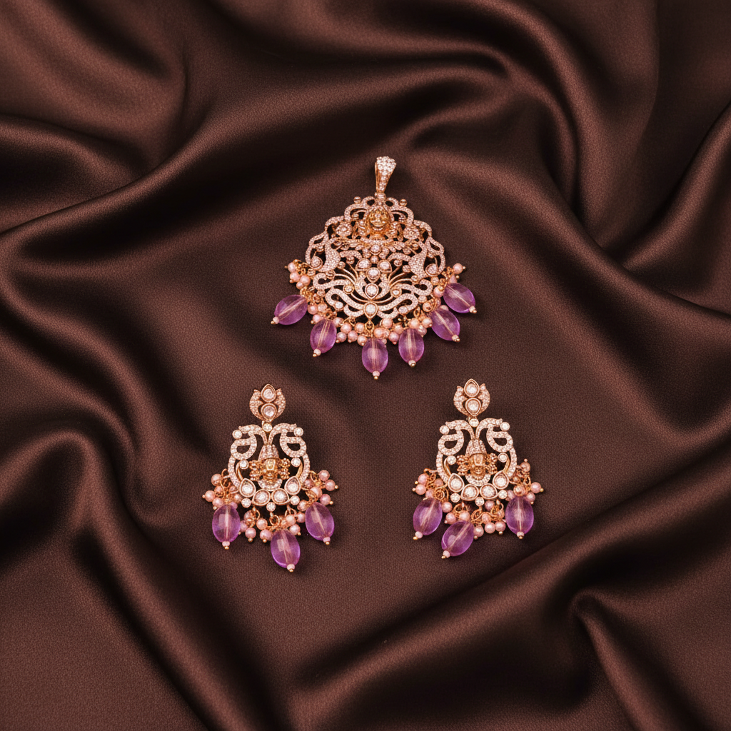 Beautiful Stone Lord Balaji Pendant With Earrings - NP0095