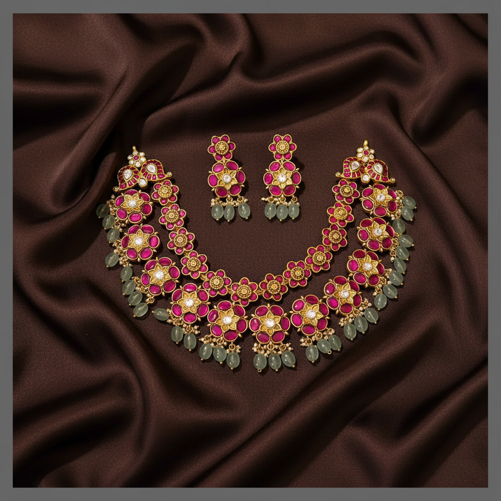 Beautiful Ruby Flower Necklace in Kundan - KN00464