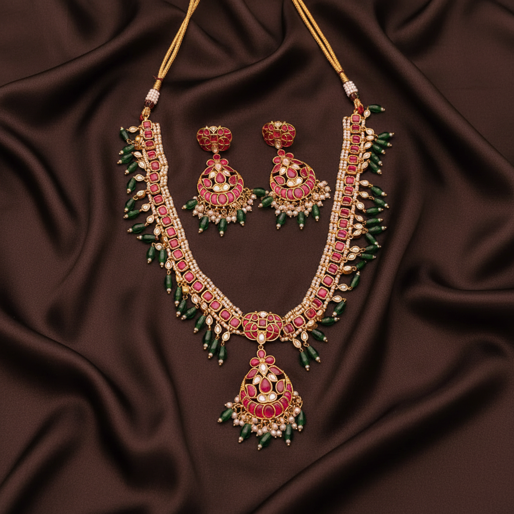 Beautiful Ruby Kundan Necklace With Emerald Beads - KN00558