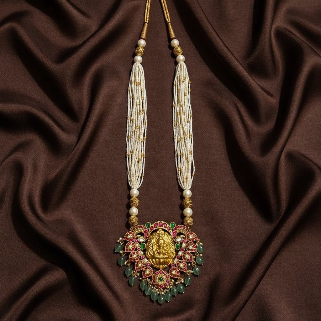 White Sugar beads Haram With Jadau lakshmi Pendant - PB00635