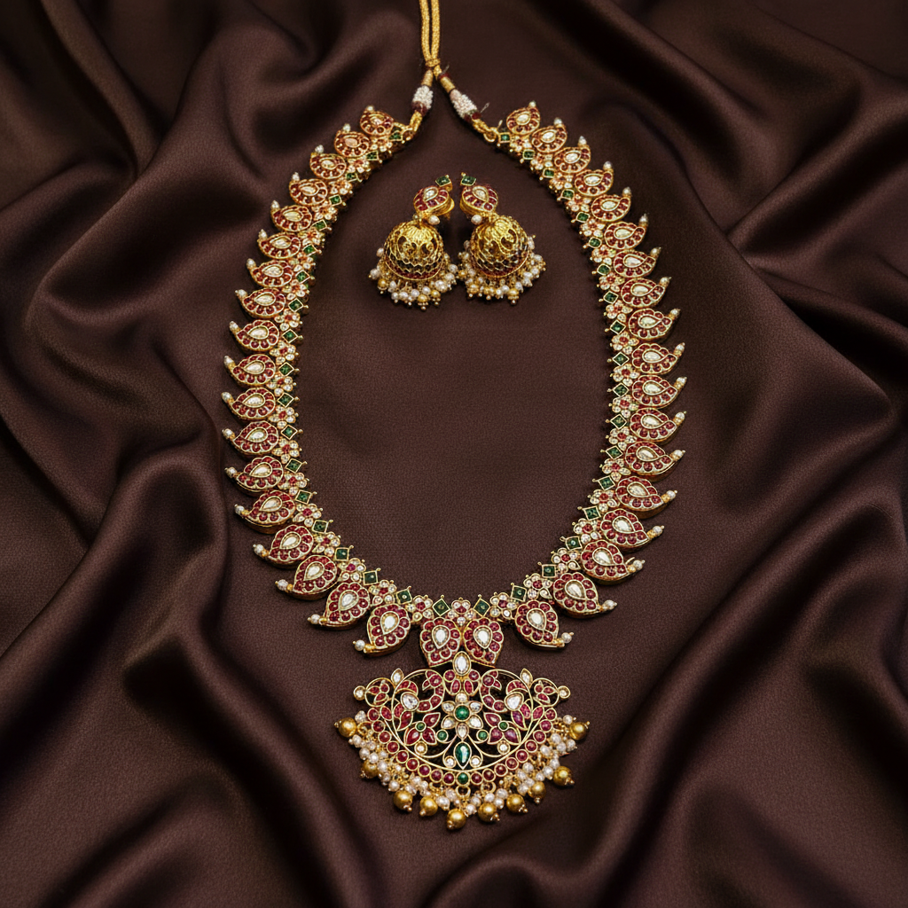 Ruby Mango and Flower pendent in Nakshi Necklace - NH00135
