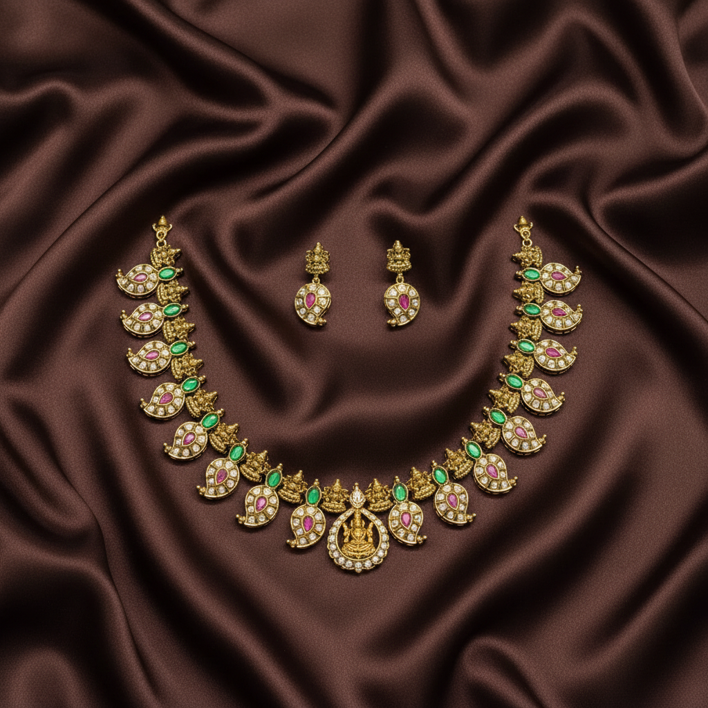 Jadau Replica Stone Short Mango Necklace - KN00662