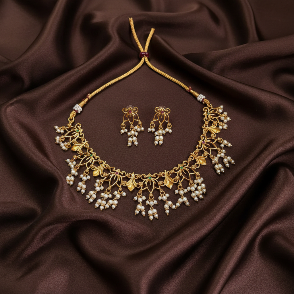 Small Necklace in Leaf Pattern With Pearls -NN00927