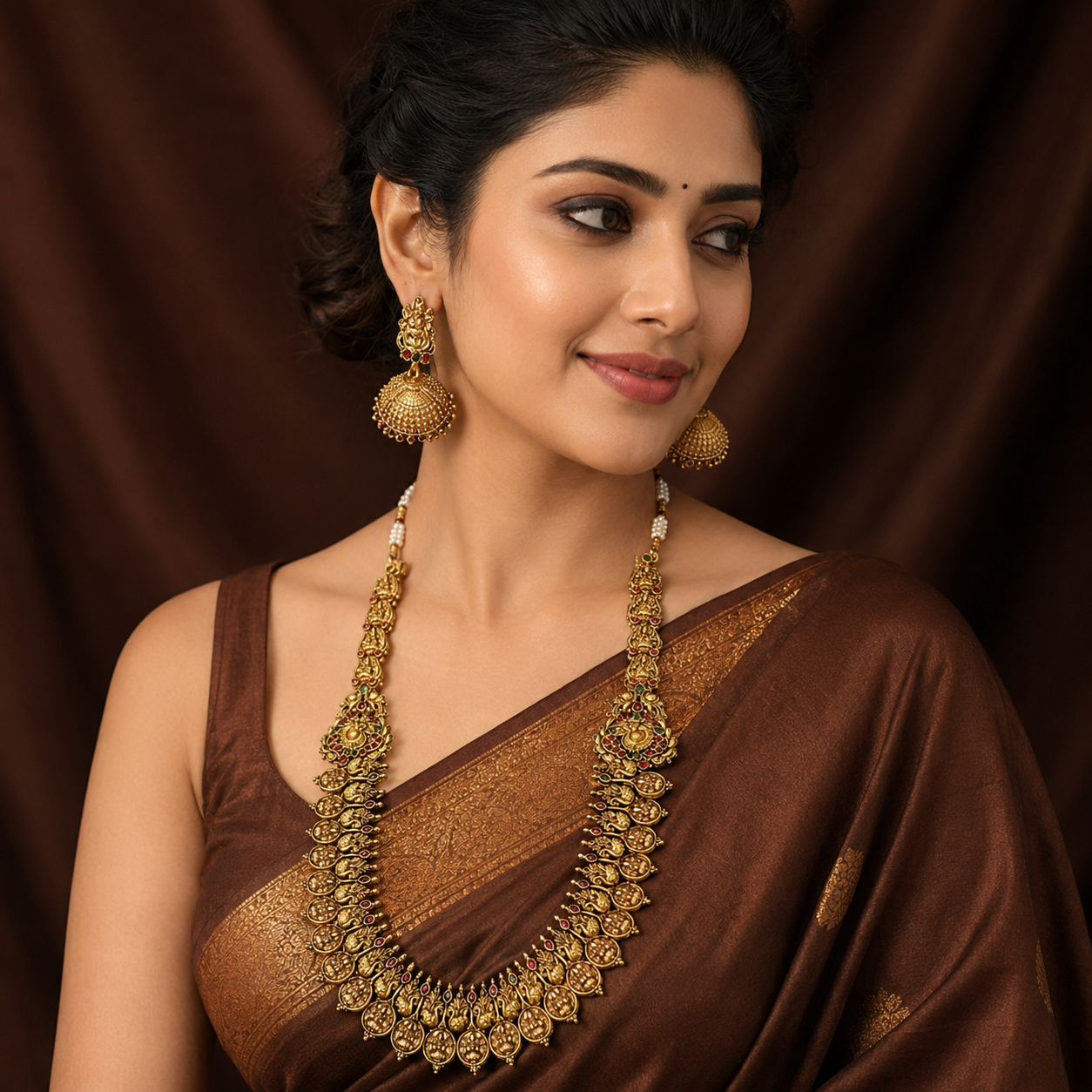 Antique Polish Long Kaasu haram With Jhumki-  NH00371
