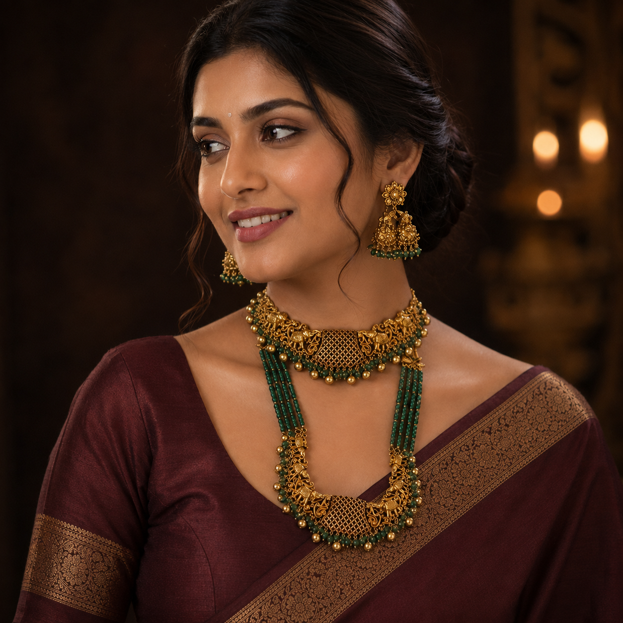 Gold Polish Bridals With Big Jhumkis amd Emerald Beads Haram - BR0038