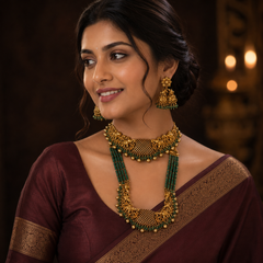 Gold Polish Bridals With Big Jhumkis amd Emerald Beads Haram - BR0038