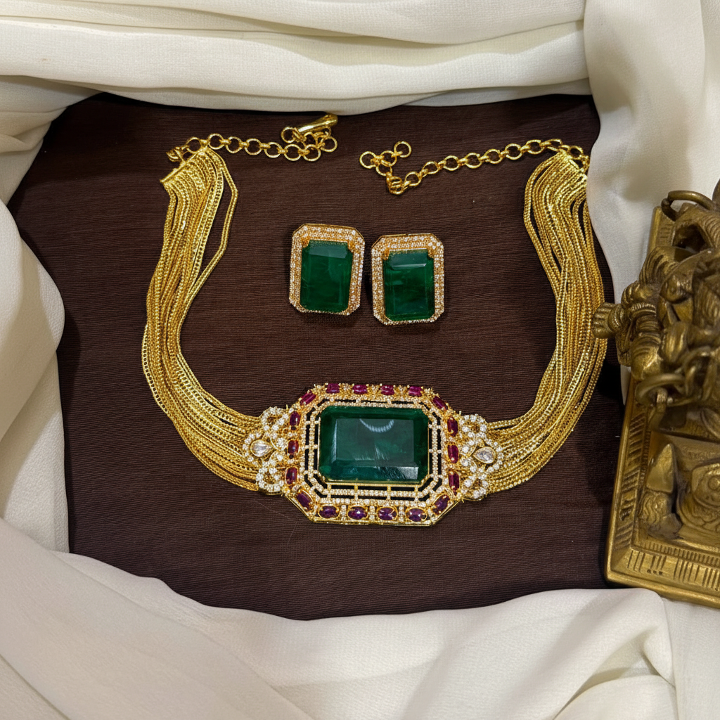 Gold Polish Eemrald Stone Choker with Emerald Studs With Screw - NN00884