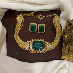 Gold Polish Eemrald Stone Choker with Emerald Studs With Screw - NN00884