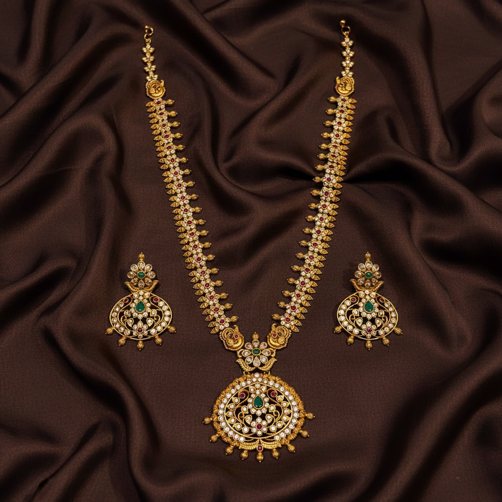 Elegant Antique Finish nakshi Long Haram With CZ Stones - NH00416