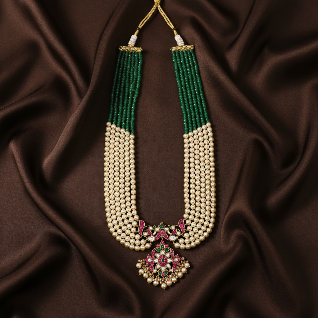 Emerald and White Beads Long Haram With Jadau Pendant - PB00570