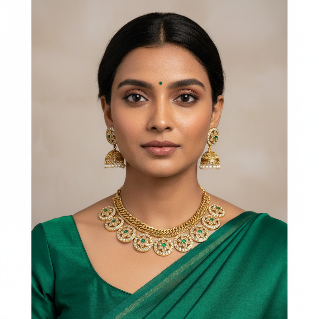 Jadau Jilebi Bottu Necklace With Jhumki - KN00603