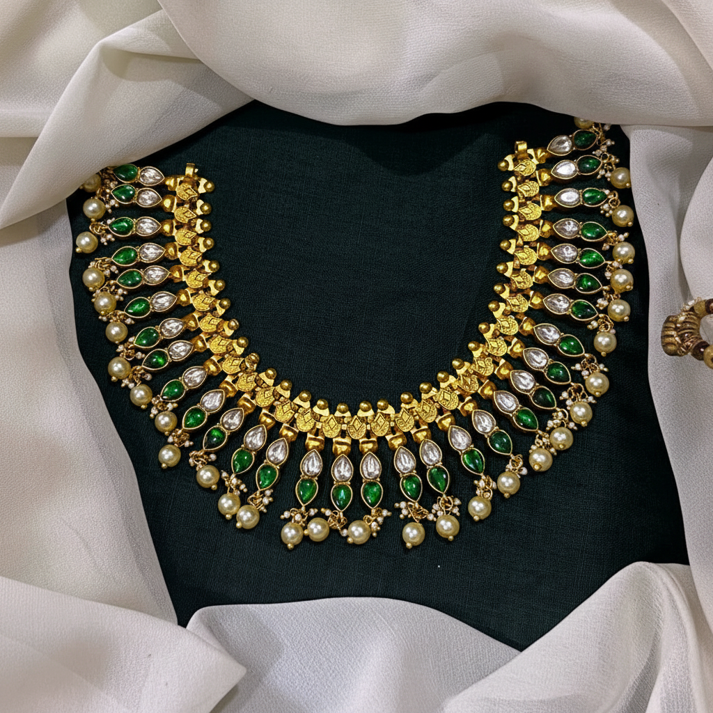 Jadau Double Leaf Necklace in Gold Polish - KN00590