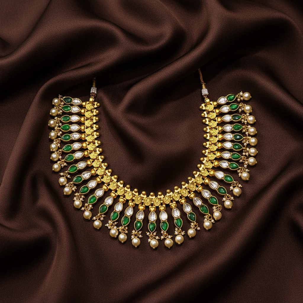 Jadau Double Leaf Necklace in Gold Polish - KN00590