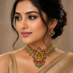 Jadau Neckalce With Lakshmi Pendant and Earrings - KN00640