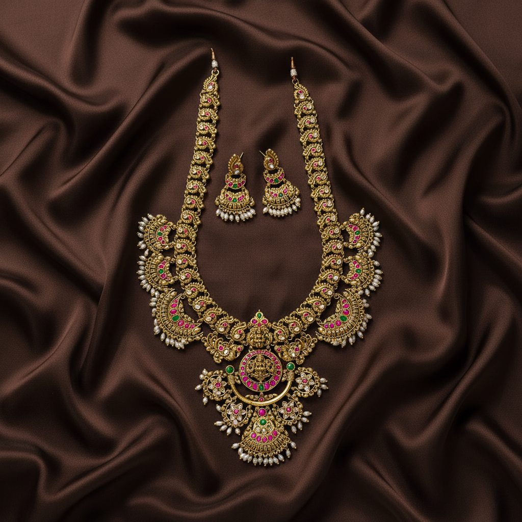 Jadau Broad Pattern Rice Pearl Gold Replica haram With Earrings - KH00390