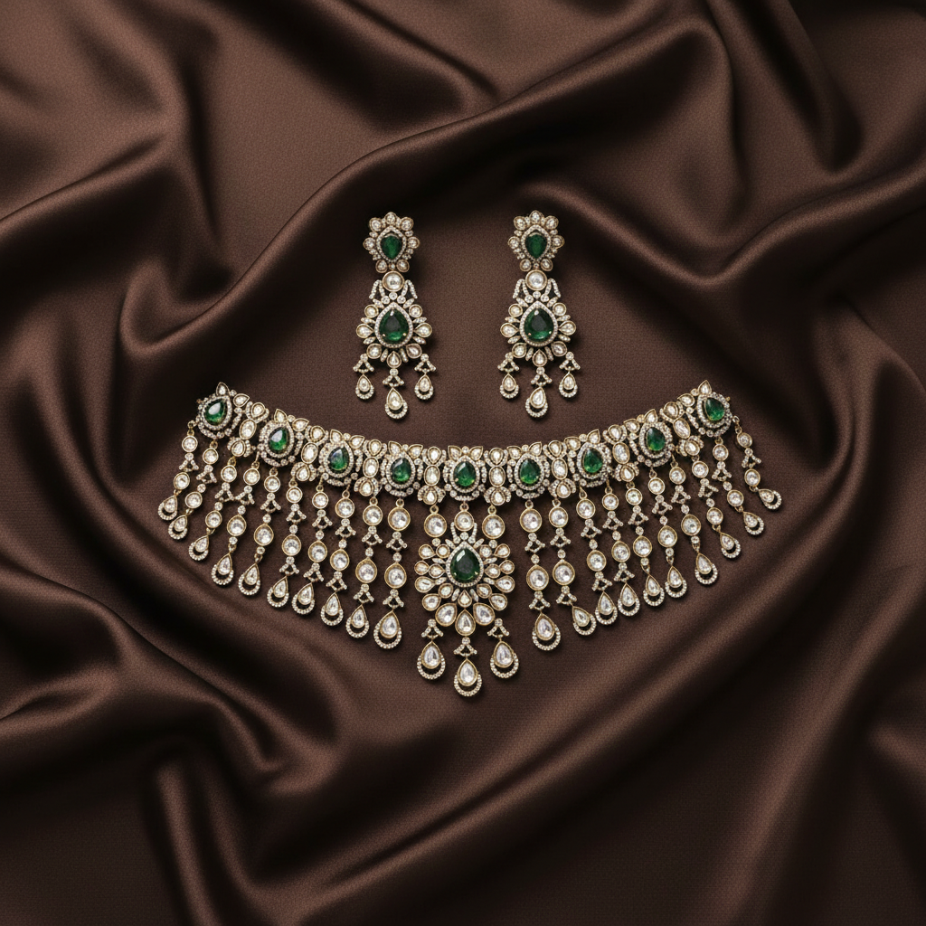 Victorian CZ Grand Chokers With Earrings - VN00185