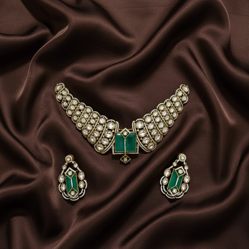 Victorian Mozonite Stones Choker With Emerald Stone - VN00159