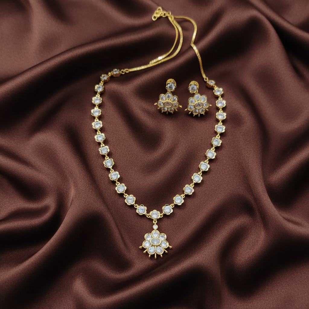 Beautiful Stone Necklace With Flower Pendant in Gold Polish - NN00904