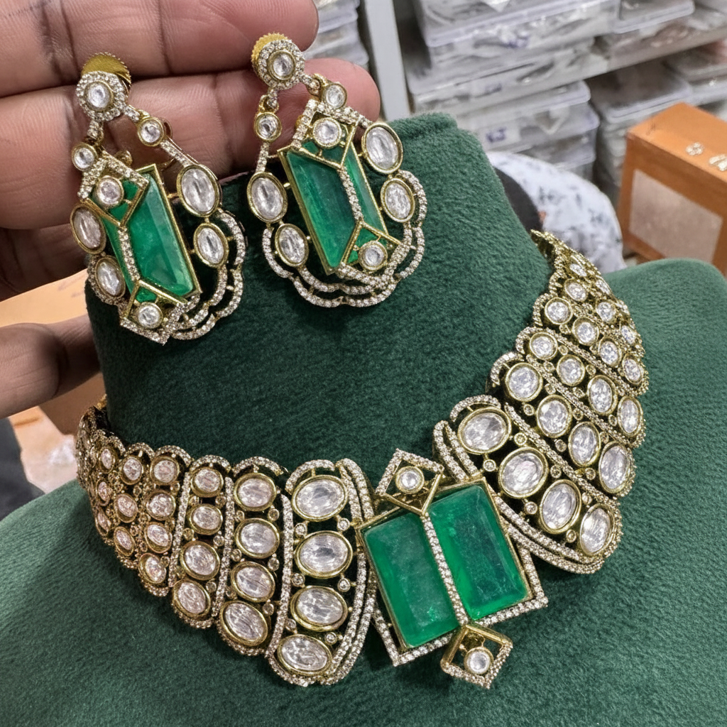 Victorian Mozonite Stones Choker With Emerald Stone - VN00159