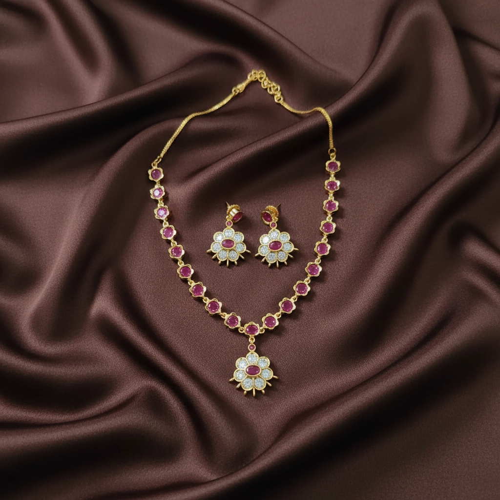Beautiful Stone Necklace With Flower Pendant in Gold Polish - NN00904