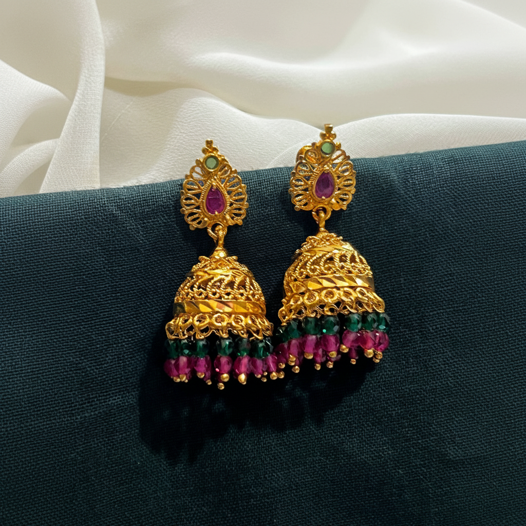 Gold Polish Multi Bead Jhumki - NE00638
