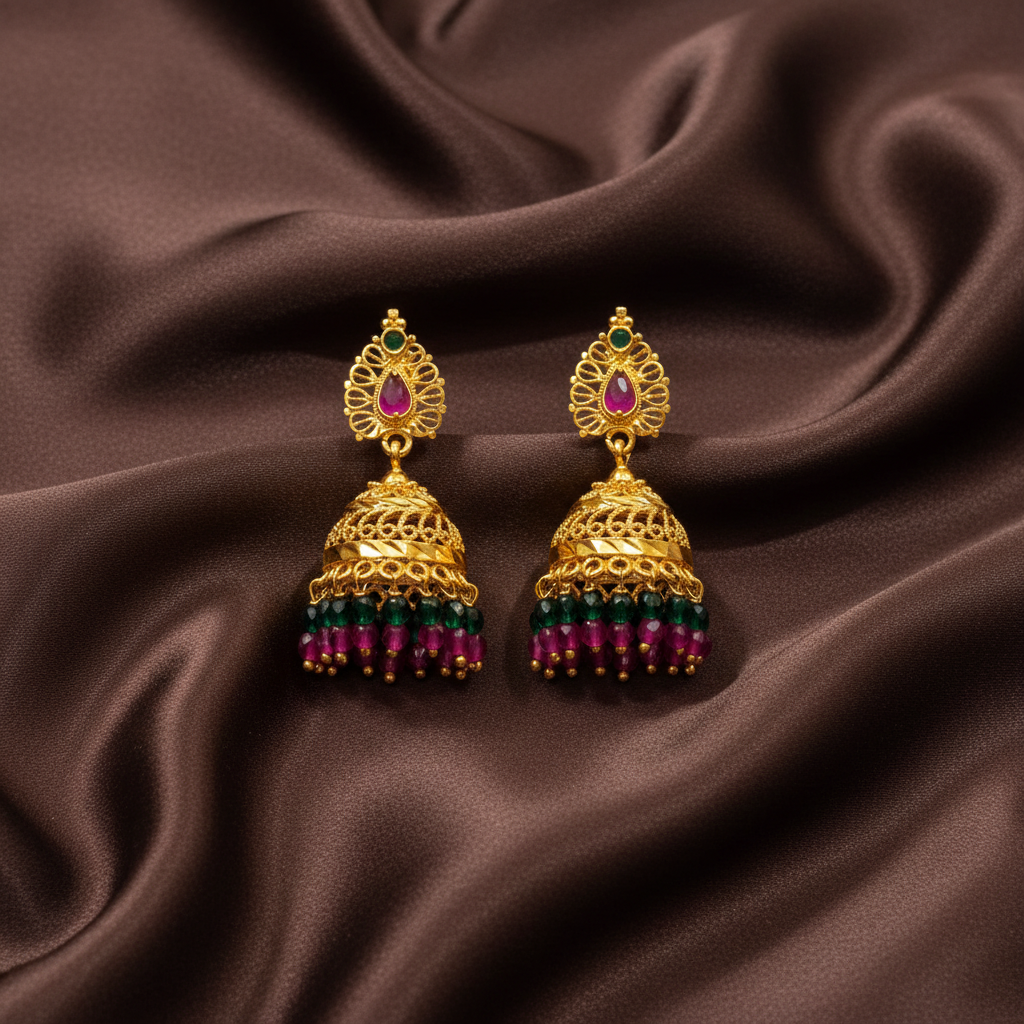 Gold Polish Multi Bead Jhumki - NE00638