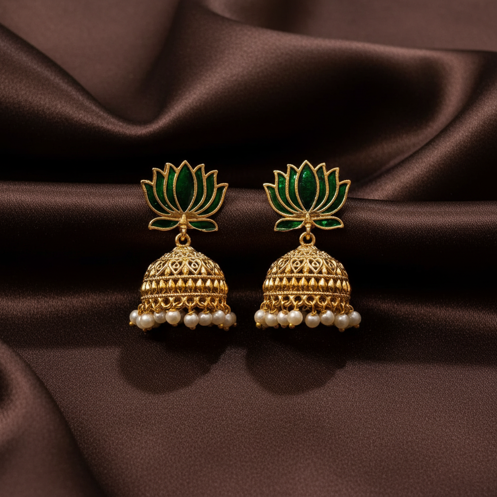 Lotus Nakshi Jhumki In Enamel Painted - NE00640