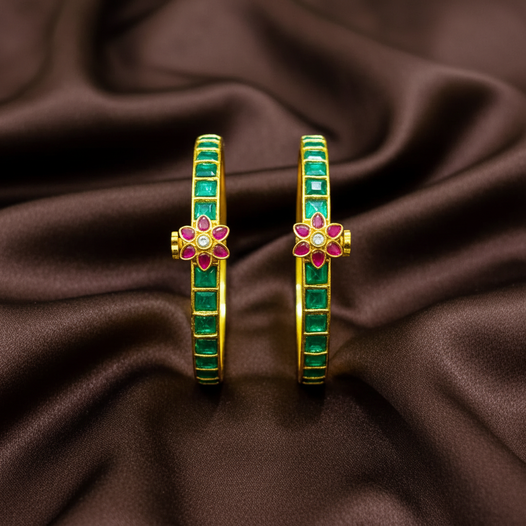 Jadau Screw Openable Single Line Bangle With Flower - BG00650