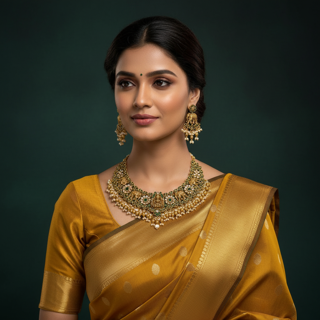 Emerald Lakshmi Guttipusalu Necklace In Antique Finish - NN00857