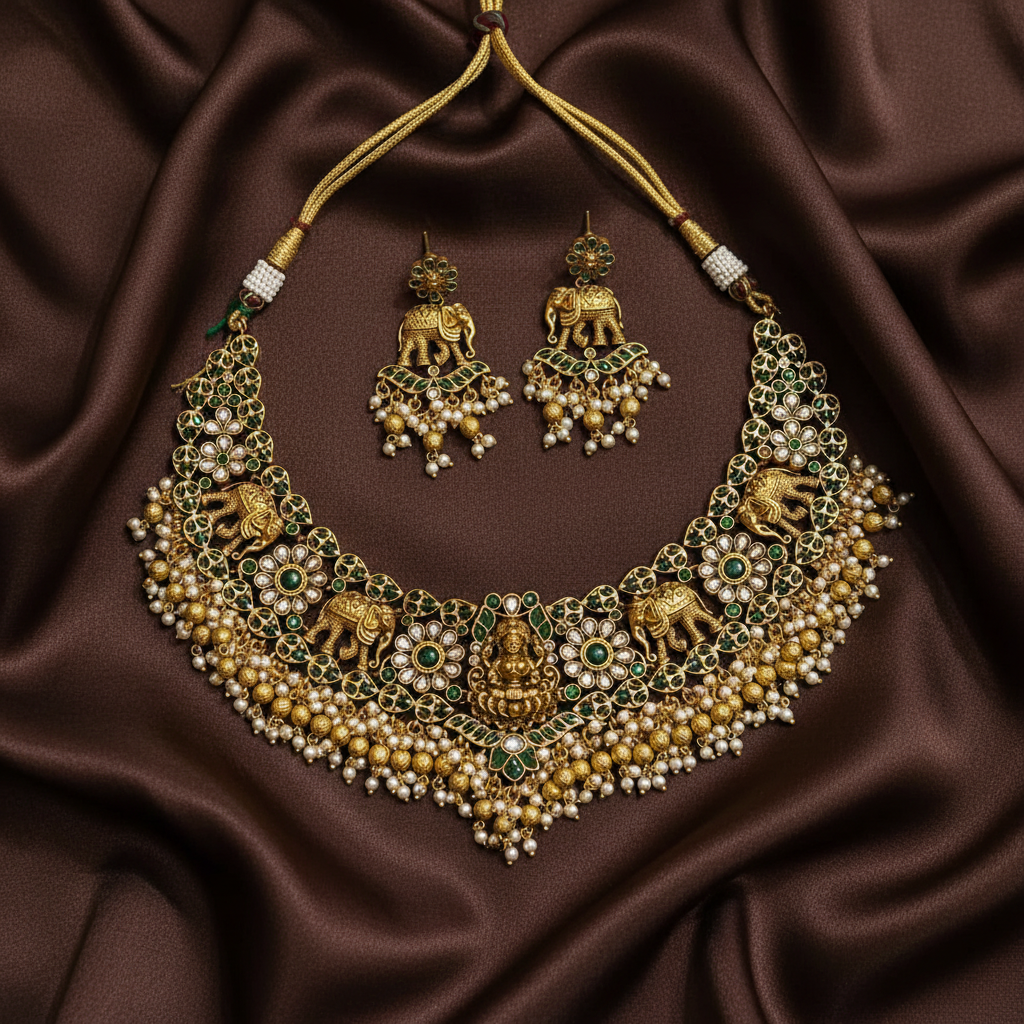 Emerald Lakshmi Guttipusalu Necklace In Antique Finish - NN00857