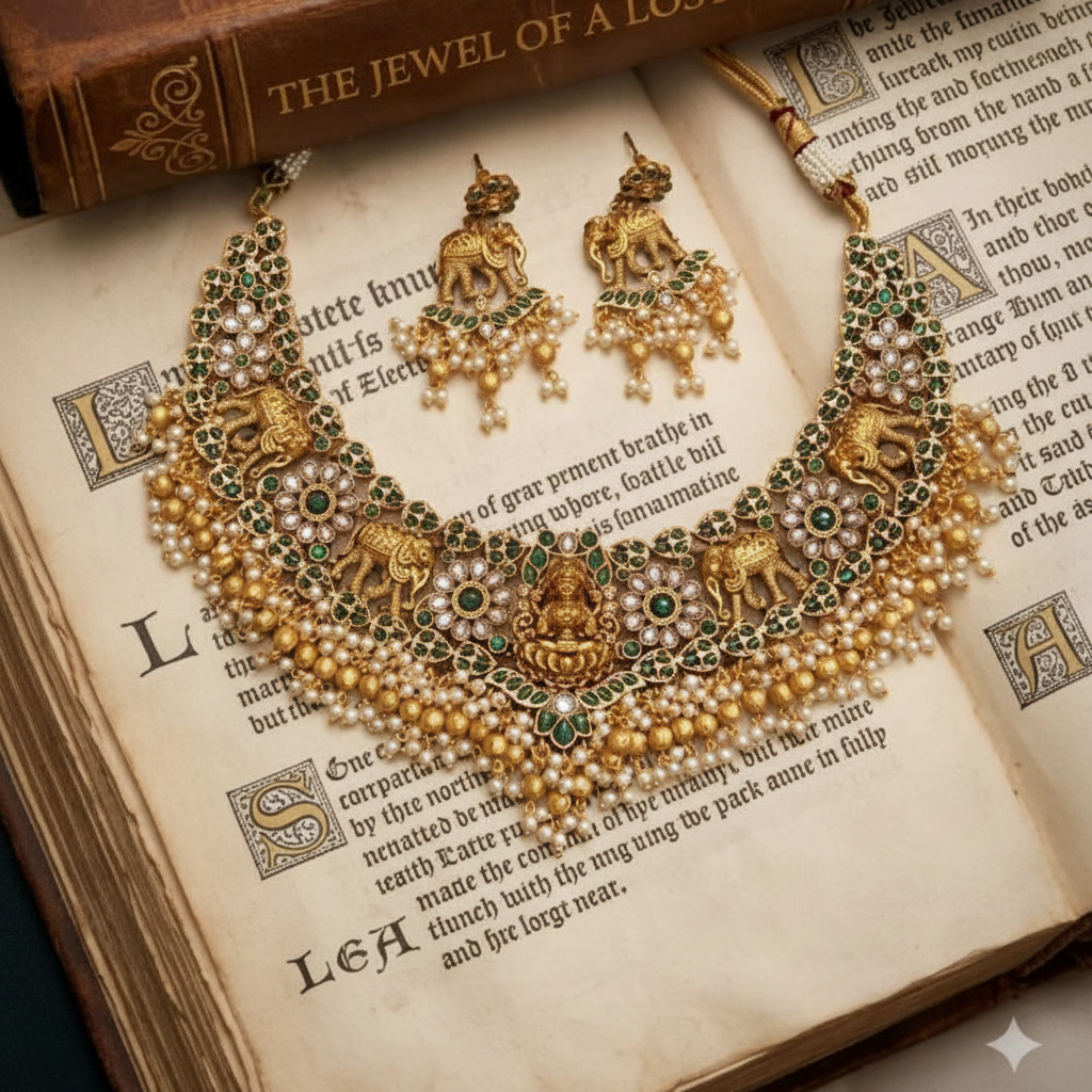 Emerald Lakshmi Guttipusalu Necklace In Antique Finish - NN00857