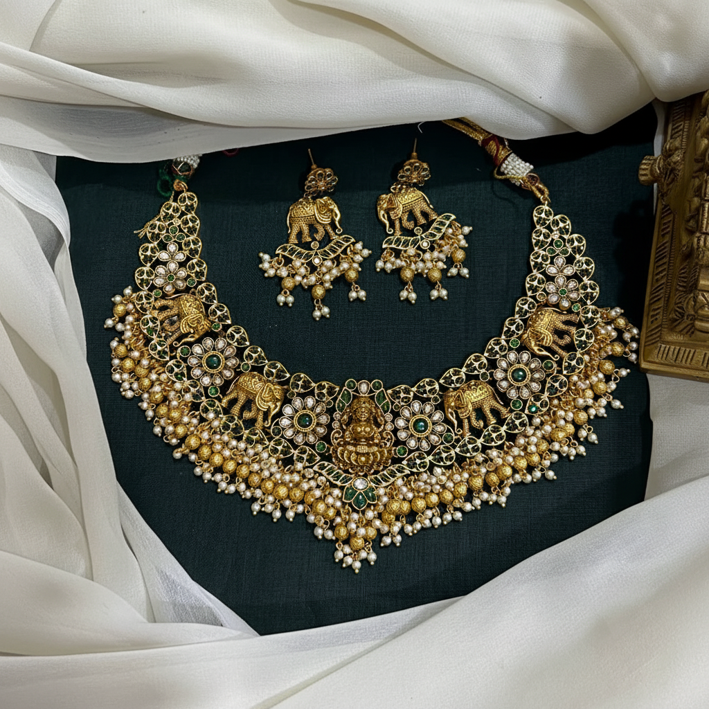 Emerald Lakshmi Guttipusalu Necklace In Antique Finish - NN00857