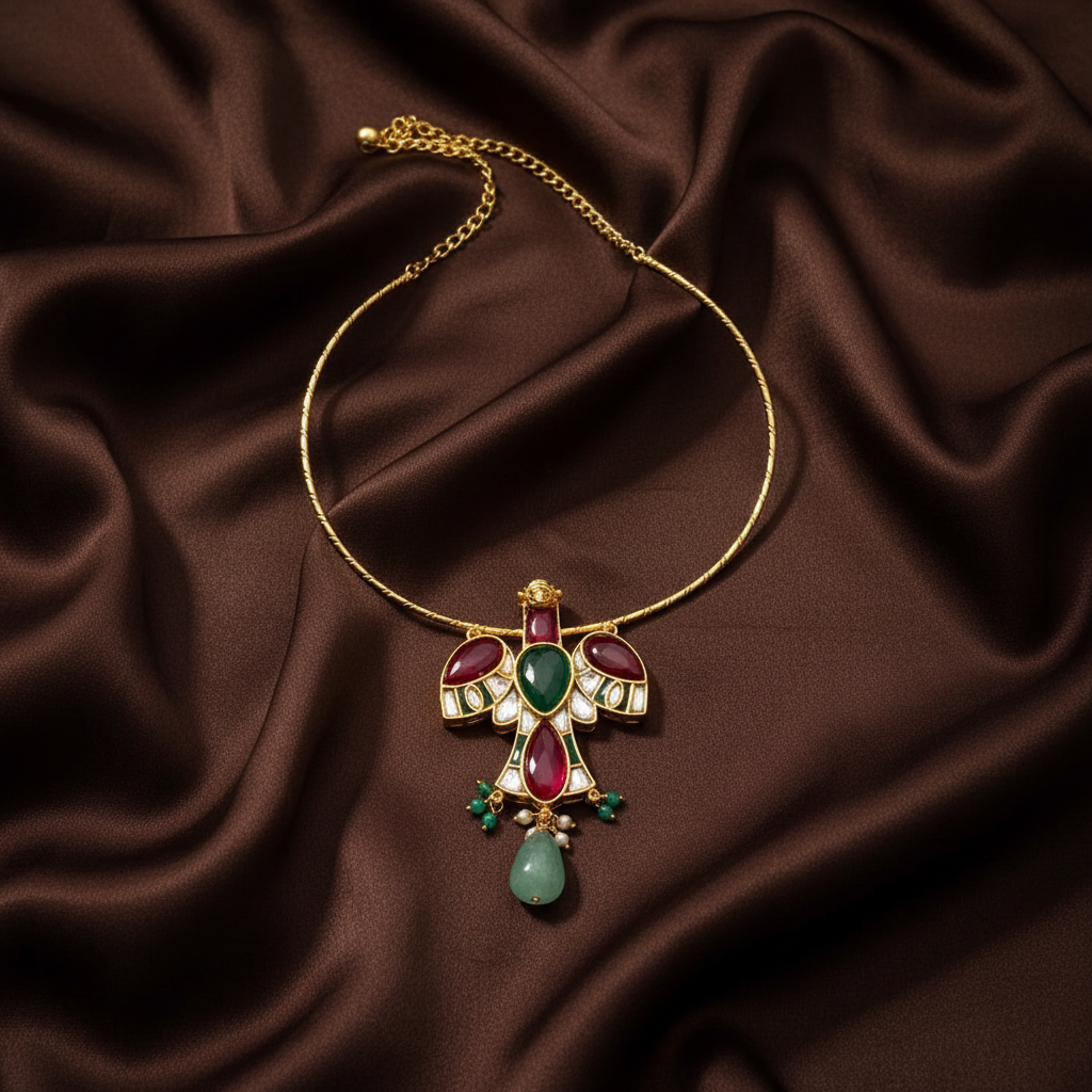 Elegant And Cute Jadau Gandaberunda Pendant with Hasli - KN00598