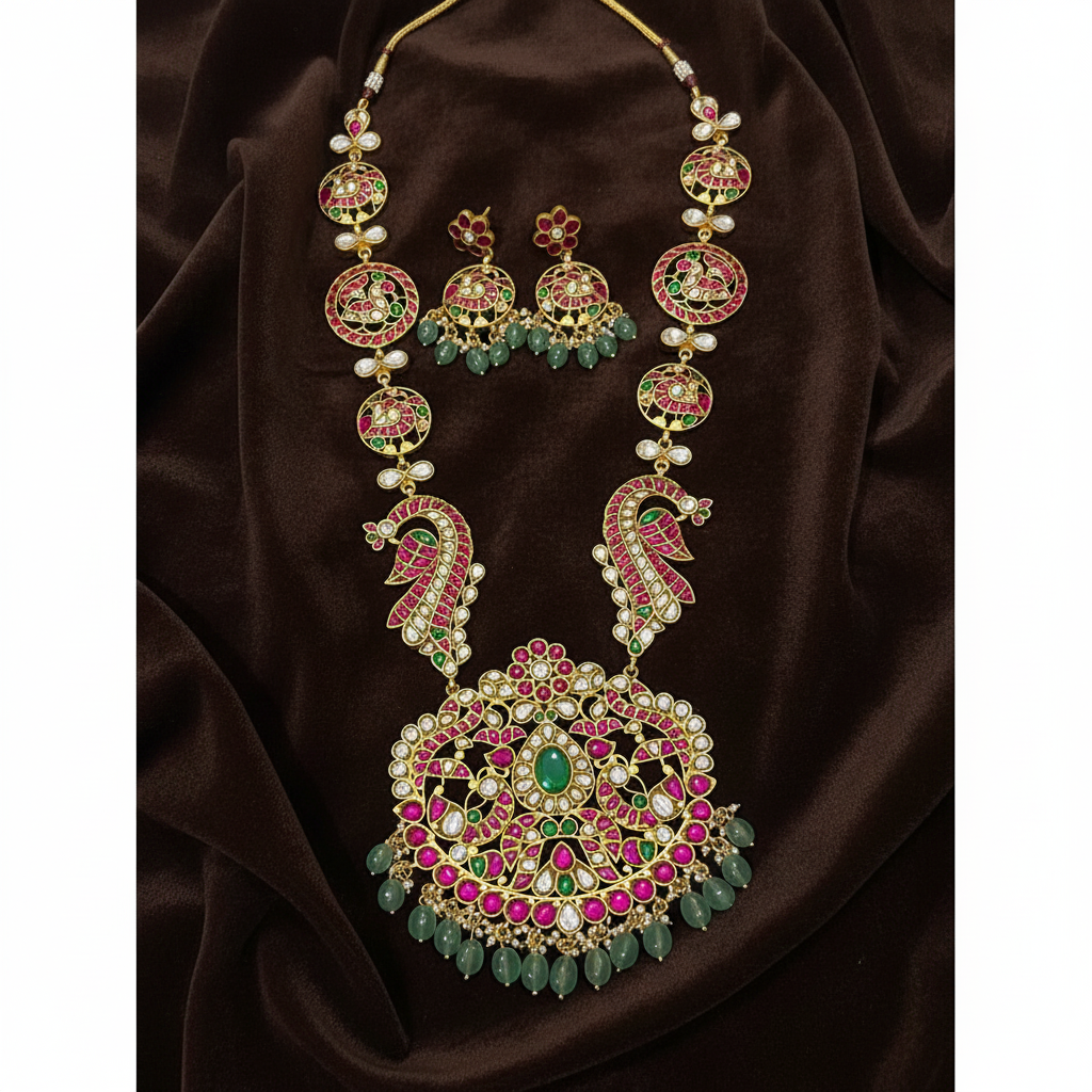 Jadau Grand Haram With Big Pendant and Screw Back Earrings - KH00417