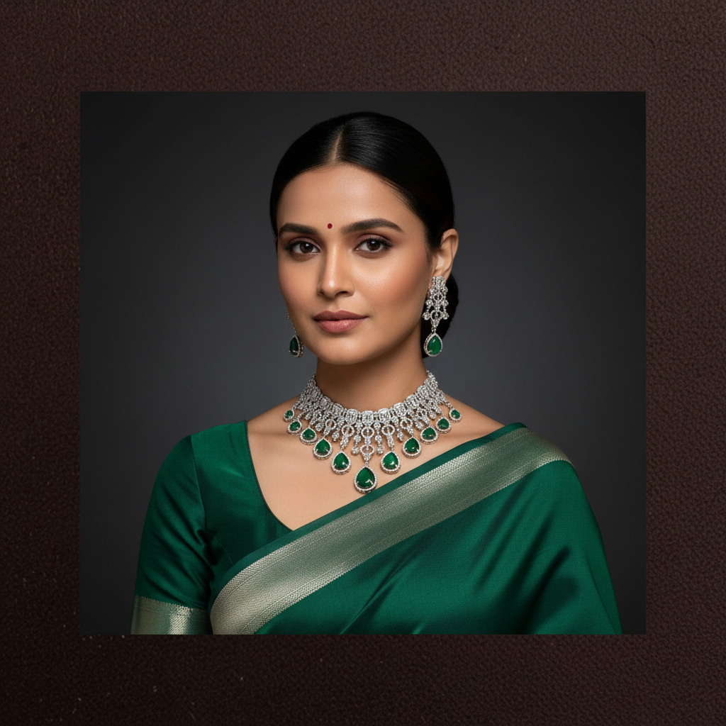 Emerald Dew Drop Daimond Necklace with Big Earrings - DN0088