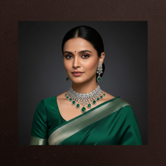 Emerald Dew Drop Daimond Necklace with Big Earrings - DN0088