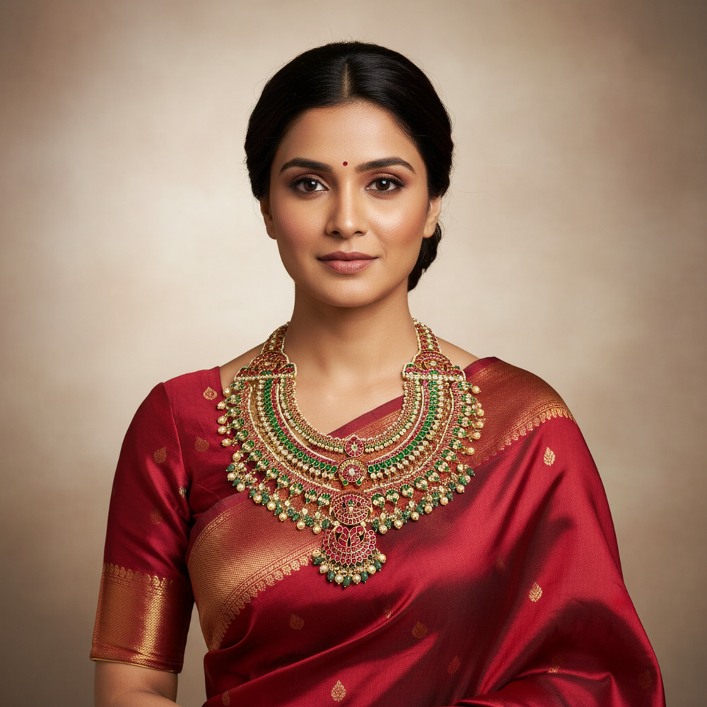 Indian Woman Wearing Kundan Bridal Necklace