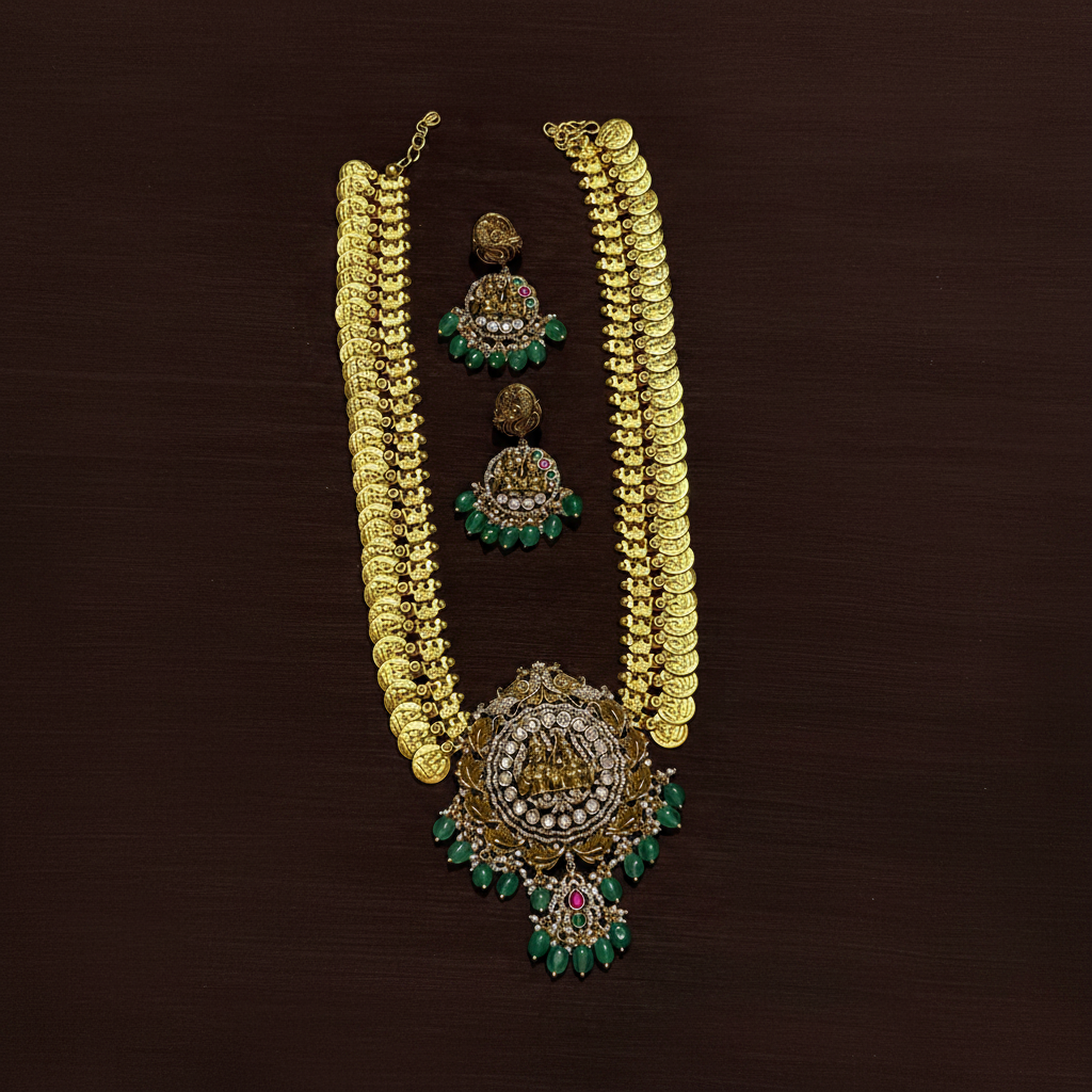 Shiva Parvathi Mozonite Kundan Pendant with Kaasu Haram - KH00210